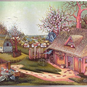 May include: A colorful painting of a rural landscape featuring several buildings with thatched roofs, trees with pink blossoms, and a path leading through a grassy area. The artwork has a textured appearance and a vintage aesthetic.