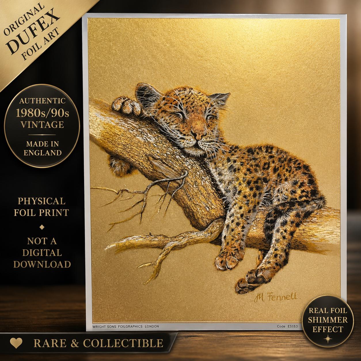 Vintage Dufex Foil Print – Sleeping Leopard Cub – Geschenk Safari