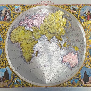 Dufex Vintage Weltkarte Eastern Hemisphere – Antike Foil Map Africa Asia Australia – Carte ancienne hémisphère Est brillante
