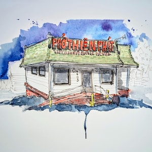 May include: Watercolor painting of a Vietnamese restaurant. The building is white with a green roof and red accents. The restaurant's name, "PHO THIEN PHAT," is displayed in red lettering. The address "6403" is visible above the door. The word "OPEN" is displayed in the window.