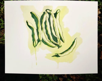 Pole Beans, Original Ink and Watercolor Print, Kitchen Art, Garden Haul, Kitchen Décor, Food Art, Vegetable Art, Wall Art, Painting