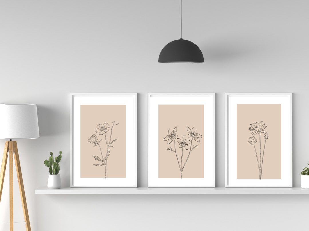 Set of 3 Floral Prints Boho Floral Print Minimalist Wall Art Digital