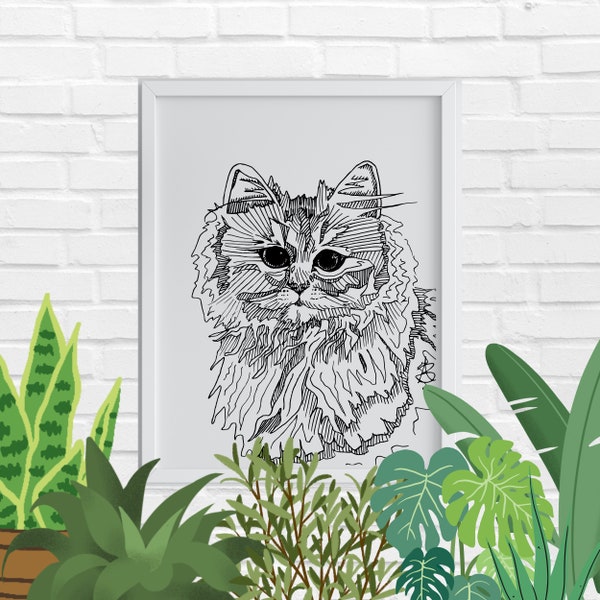 Fluffy Cat Pen Ink Drawing Black and White Digital Download Printable Art Last Minute Gift Animal Lover Kitty Realistic Nature Print