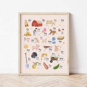 Carteles educativos de alfabetos de granja / Impresión ABC de tierras de cultivo ilustrativas / Decoración de habitación de niños pequeños de aprendizaje preescolar A-Z / Descarga digital