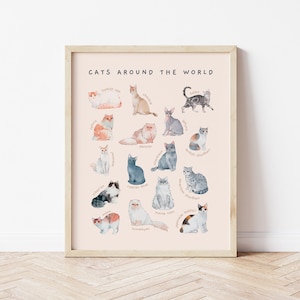 Gato razas alrededor del mundo cartel educativo / imprimible acuarela niño habitación decoración / Montessori vivero pared arte / descarga digital