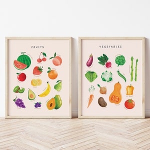 Fruits Vegetables Educational Posters | Set of 2 Watercolor Montessori Printable | Kid Playroom Decor | Nursery Wall Art | Digital Download