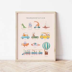 Transportation Montessori Educational Poster | Animals On Vehicle Printable Toddler Room Decor | Watercolor Nursery Wall Art | Digital Files