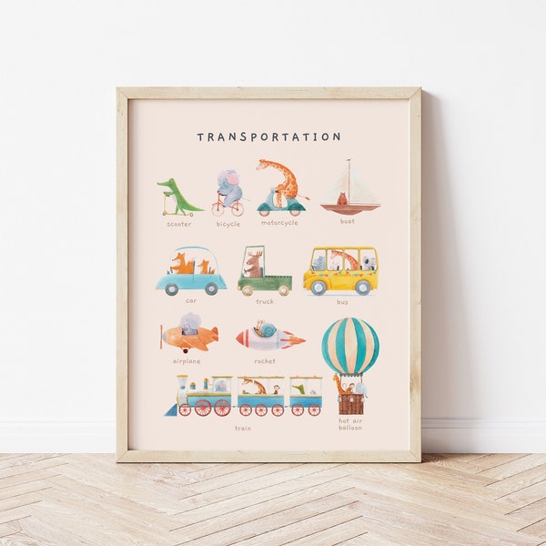 Transportation Montessori Educational Poster | Animals On Vehicle Printable Toddler Room Decor | Watercolor Nursery Wall Art | Digital Files