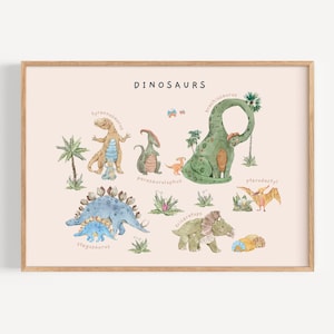 Dinosaurios imprimibles cartel educativo / acuarela Montessori animales prehistóricos arte de la pared / decoración de la habitación del niño de la escuela en el hogar / archivos digitales