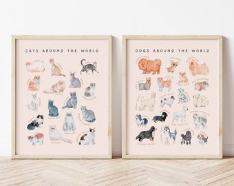 Affiches éducatives sur les races de chats et de chiens | Ensemble de 2 décors imprimables de chambre pour tout-petits | Aquarelle Montessori Nursery Wall Art | Téléchargement numérique