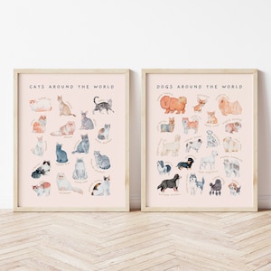 Carteles educativos de razas de perros y gatos / Conjunto de 2 decoración imprimible de habitación para niños pequeños / Arte de pared de guardería Montessori de acuarela / Descarga digital imagen 1