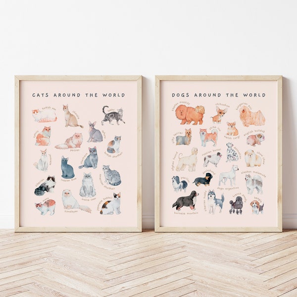 Cat & Dog Breeds Educational Posters | Set of 2 Printable Toddler Room Decor | Watercolor Montessori Nursery Wall Art | Digital Download