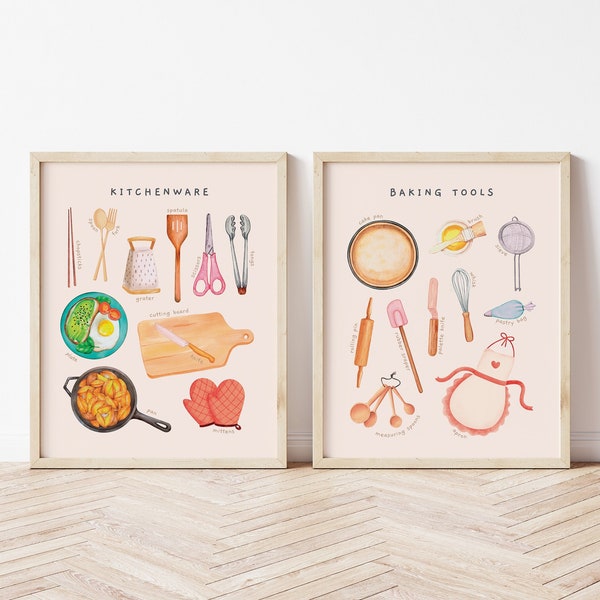 Ustensiles de cuisine et outils de cuisson Affiches éducatives | Ensemble de 2 imprimés Montessori pour chambre d'enfant | Art mural de cuisine Wateroclor | Téléchargement numérique