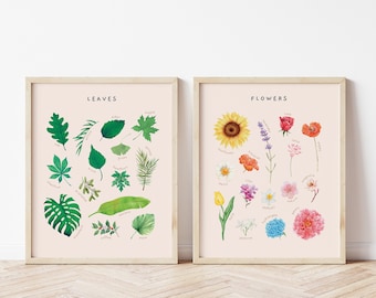 Flowers Leaves Educational Posters | Set of 2 Watercolor Printable Homeschool Toddler Playroom Decor | Nursery Wall Art | Digital Download
