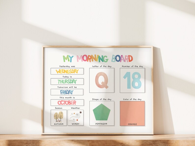 Rainbow Morning Routine Board Educational Print Watercolor Nursery Daily Schedule Chart Digital Toddler Room Decor Perpetual Calendar image 1