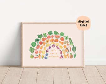 Póster educativo "Come un arcoíris" / Arte mural para la cocina "Come tus verduras" / Decoración para el hogar para el destete del bebé con acuarela imprimible / Descarga digital