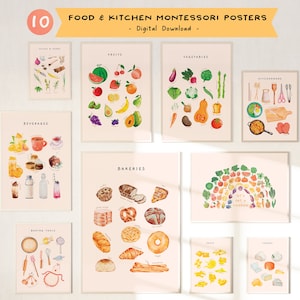 Set of 10 Food & Kitchen Educational Posters | Printable Montessori Toddler Room Decor | Watercolor Kitchen Wall Art | Digital Download