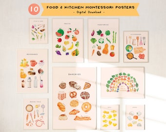 Set of 10 Food & Kitchen Educational Posters | Printable Montessori Toddler Room Decor | Watercolor Kitchen Wall Art | Digital Download