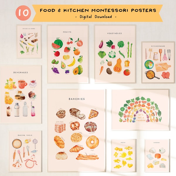 Ensemble de 10 affiches éducatives sur l'alimentation et la cuisine | Décor imprimable de la chambre des tout-petits Montessori | Aquarelle Cuisine Mur Art | Téléchargement numérique