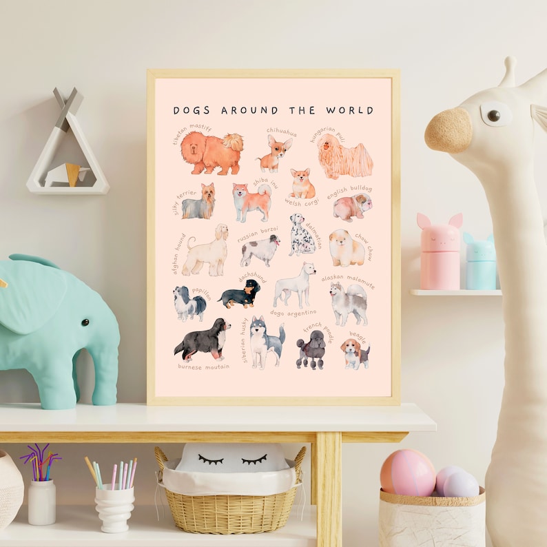 Carteles educativos de razas de perros y gatos / Conjunto de 2 decoración imprimible de habitación para niños pequeños / Arte de pared de guardería Montessori de acuarela / Descarga digital imagen 7