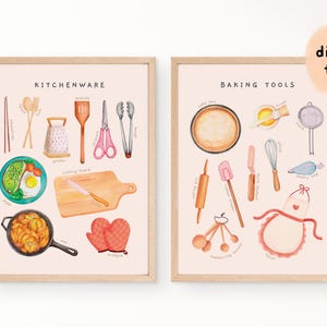 Küchenutensilien & Backwerkzeug Lernposter | 2er Set Montessori Kleinkind Zimmer Druck | Kunst für die Küche Digitaler Download