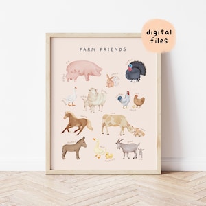 Póster educativo de animales de granja / Impresión Montessori de animales domésticos / Decoración de habitación para niños pequeños pintada a mano con acuarela / Descarga digital