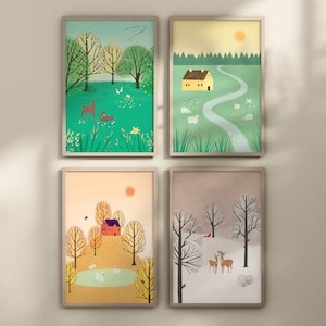 Four Seasons Wall Art Set | Watercolor Nature Scenery Paintings | Printable Nursery Wall Art | Toddler Room Decor | Digital Download