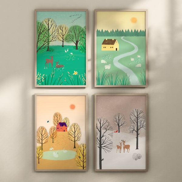 Ensemble d'art mural quatre saisons | Peintures de paysages de nature aquarelle | Art mural de pépinière imprimable | Décor de chambre d'enfant en bas âge | Téléchargement numérique