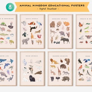 Conjunto de 8 carteles educativos de animales / Impresiones Montessori con temática de naturaleza en acuarela / Decoración de habitación de niños pequeños para la educación en el hogar / Descarga digital de guardería