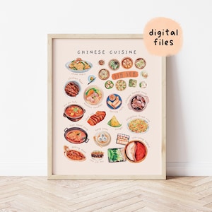 Arte mural de cocina china / Póster con ilustración de comida en acuarela / Decoración para juegos de simulación para niños pequeños / Impresión con sabor a Asia / Descarga digital