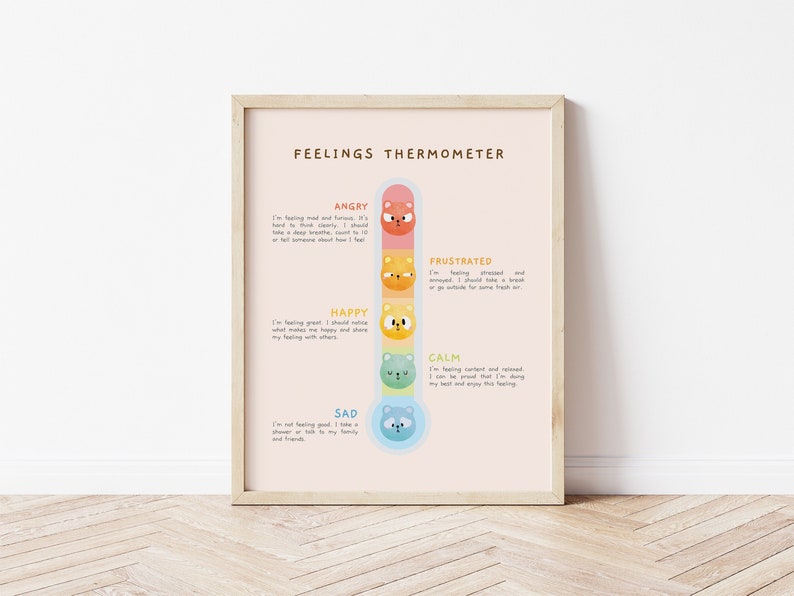 Cartel educativo del termómetro de sentimiento / Póster de escuela en casa imprimible de acuarela pastel Montessori / Técnica calmante para niños / Descarga digital imagen 1