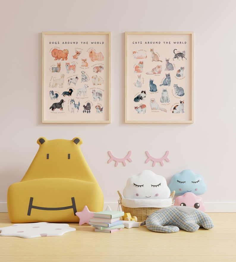 Carteles educativos de razas de perros y gatos / Conjunto de 2 decoración imprimible de habitación para niños pequeños / Arte de pared de guardería Montessori de acuarela / Descarga digital imagen 9