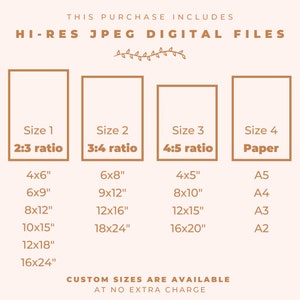 May include: A chart showing different sizes and ratios for digital printable files. The chart includes four columns: Size 1, Size 2, Size 3, and Size 4. Each column lists different sizes in inches, such as 4x6, 6x9, 8x12, 10x15, 12x18, and 16x24. The chart also includes the text "THIS PURCHASE INCLUDES HI-RES JPEG DIGITAL FILES" and "CUSTOM SIZES ARE AVAILABLE AT NO EXTRA CHARGE".