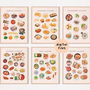 Asiatische Küche 6er Set Küche Wandkunst | Aquarell Lebensmittel Illustration Poster | Kleinkind spielen so tun, als Kochen Ecke Dekor | Digitale Dateien