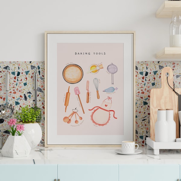 Basic Baking Tools Educational Poster | Pastry Montessori Toddler Room Decor | Watercolor Utensils Kitchen Wall Art | Digital Download