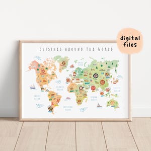 Küchen auf der ganzen Welt Lernkarte | Regenbogen Aquarell Food Lover Druck | Kinderzimmer Wand Kunst Dekor | Digitaler Download