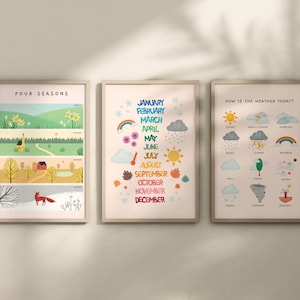 Vier seizoenen maanden weersomstandigheden educatieve posters | Set van 3 aquarel Montessori-afdrukken | Homeschool peuter kamer decor | Digitaal downloaden