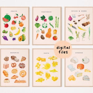 Lebensmittel Montessori Lernposter 6er Set | Druckbare Homeschool Kleinkind Zimmer Dekor | Aquarell Kunst für die Küche | Digitaler Download