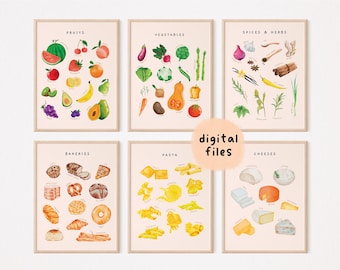 Juego de 6 carteles educativos Montessori sobre alimentos / Decoración imprimible para la habitación de los niños pequeños en casa / Arte de pared de cocina con acuarela / Descarga digital