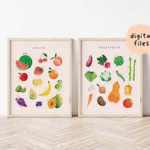 Poster educativi di frutta e verdura / Set di 2 stampe Montessori ad acquerello / Decorazione per la sala giochi dei bambini / Arte murale per la cameretta dei bambini / Download digitale