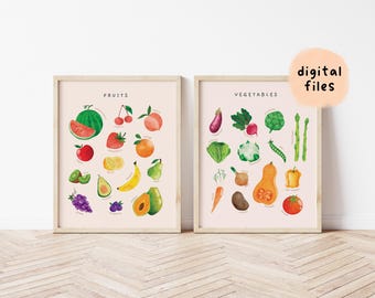Pósteres educativos de frutas y verduras / Juego de 2 impresiones Montessori con acuarela / Decoración de sala de juegos para niños / Arte de pared para guardería / Descarga digital