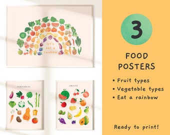 Pósteres educativos sobre alimentos y frutas y verduras / Impresiones Montessori de acuarela "Come el arcoíris" / Juego de 3 decoraciones para habitaciones de niños pequeños / Descarga digital