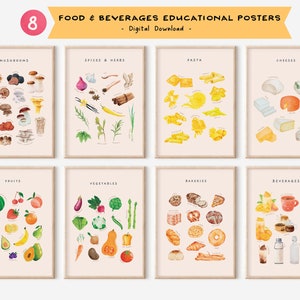 Puede incluir: Conjunto de ocho carteles educativos con ilustraciones de acuarela de diferentes categorías de alimentos y bebidas, que incluyen champiñones, especias y hierbas, pasta, quesos, frutas, verduras, panaderías y bebidas.