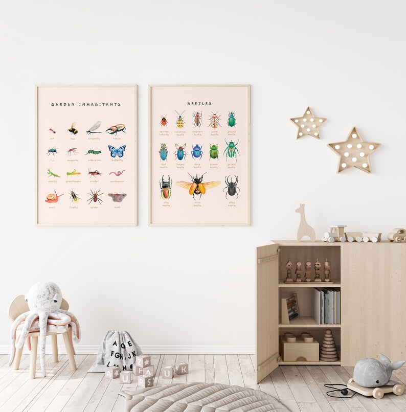 Carteles educativos de escarabajos, insectos y moluscos / Juego de 2 impresiones Montessori de tema natural / Decoración de la habitación del niño de la acuarela / Descarga digital imagen 4