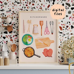 May include: A framed watercolor print labeled "KITCHENWARE" featuring illustrations of various kitchen tools and food items. Includes a cutting board, spatula, pan, and oven mitts. The print is labeled "digital files".