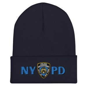 NYPD New York Police Department Patch Logo Cuffed Beanie Embroidered In Gold And Navy
