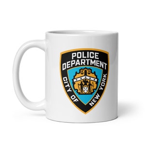 NYPD New York Police Department Patch Logo And &quot;Fidelis Ad Mortem&quot; Coffee Mug Glossy White