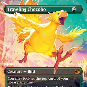 May include: A vibrant card featuring a yellow Chocobo bird with outstretched wings, labeled "Traveling Chocobo." The card includes text describing game mechanics and stats. The background is a colorful fantasy landscape.
