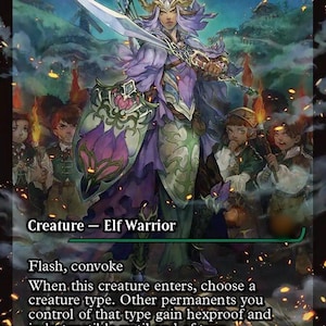 May include: A fantasy card featuring a female Elf Warrior, titled "Selfless Safewright." The artwork depicts the warrior in purple armor, holding a sword and shield. The card includes text describing its abilities and stats, with a power/toughness of 4/2.
