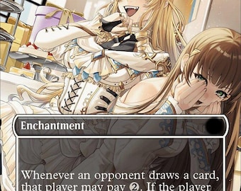 May include: A Smothering Tithe trading card featuring two blonde characters in ornate white and gold clothing. The text reads: Whenever an opponent draws a card, that player may pay 2. If the player doesn't, you create a Treasure token.